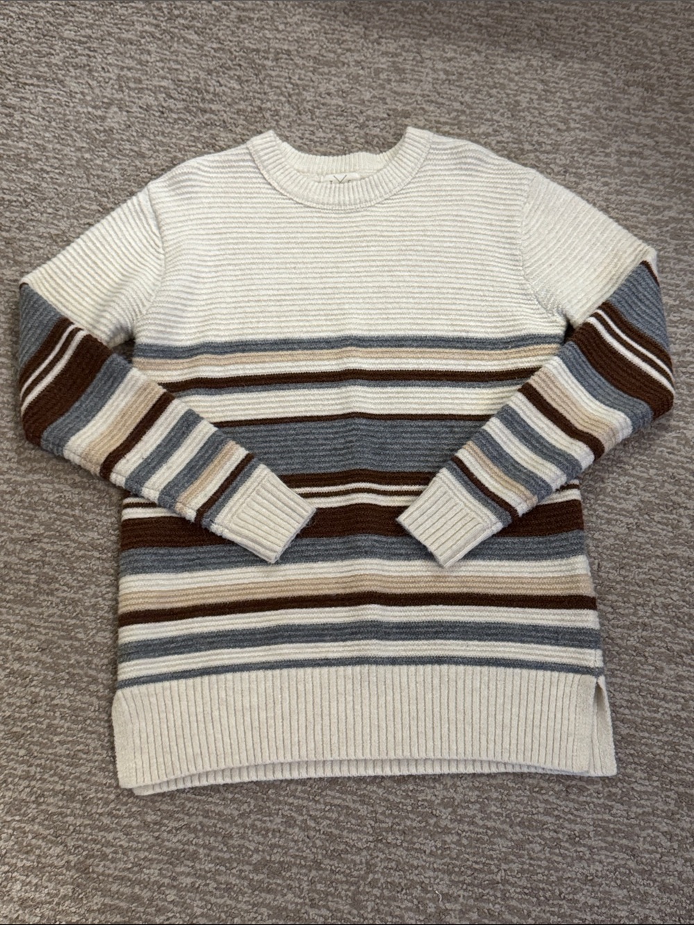 Thread & Supply Cream Striped Crewneck Sweater with Brown & Blue Bands